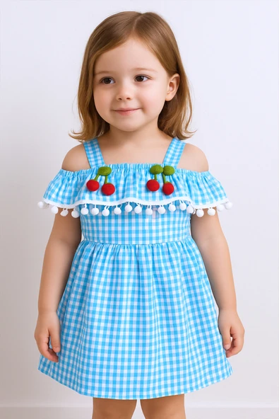 KIZ ÇOCUK ASKILI ELBİSE DANTELLİ EKOSE DESENLİ B14