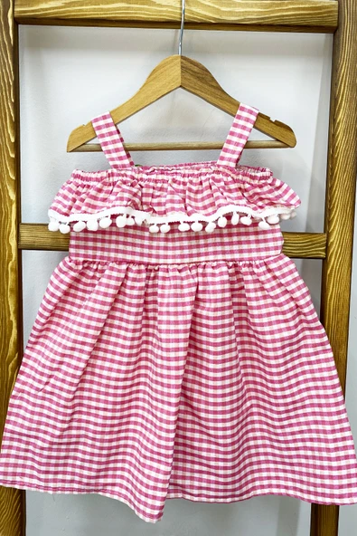 KIZ ÇOCUK ASKILI ELBİSE DANTELLİ EKOSE DESENLİ B14 - 10