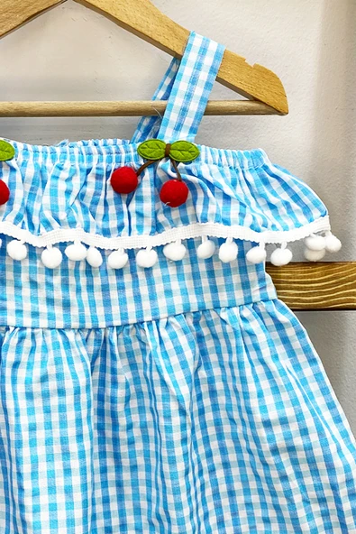 KIZ ÇOCUK ASKILI ELBİSE DANTELLİ EKOSE DESENLİ B14 - 4