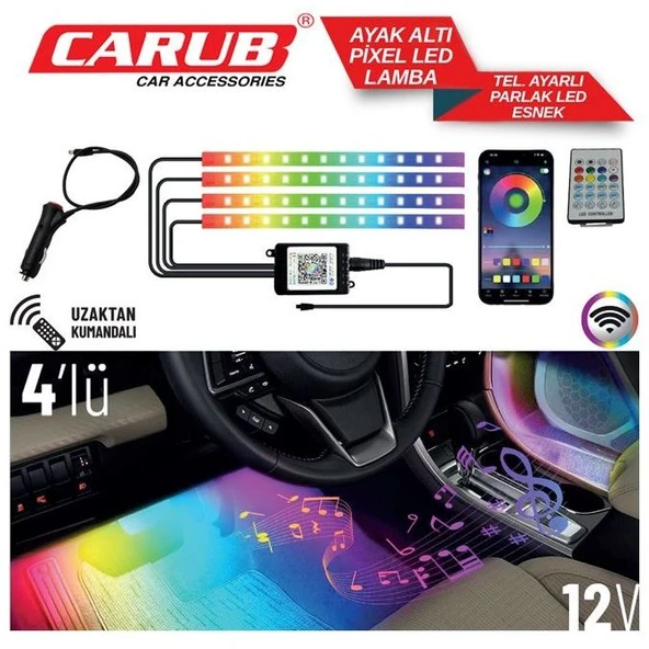 Carub Oto Ayak Altı Led Lamba Telefon Ayarlı Sese Duyarlı 12V 4 Adet - 1