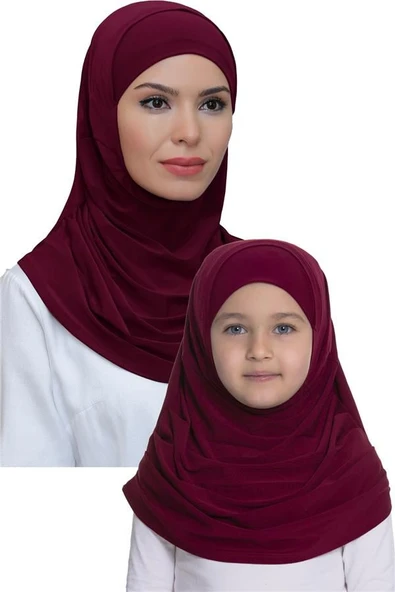 Bordo Pratik Anne Kız Kombin Tesettür Eşarp Sandy Kendinden Boneli 129078_16 - 1