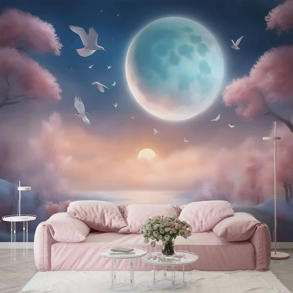 Soft Pembe Ağaç ve Gökyüzü Ay Temalı Duvar Kağıdı Baskı ürün görseli 1