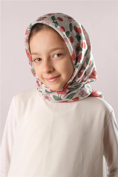 Kiremit Dijital Baskılı Çocuk Tesettür Eşarp Pamuk Polyester Vişne Desenli 6001_05