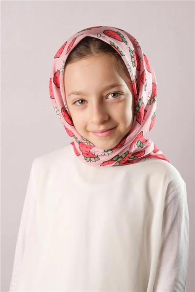 Kırmızı Dijital Baskılı Çocuk Tesettür Eşarp Pamuk Polyester Çilek Desenli 6001_31