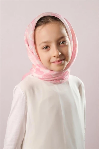 Pudra Dijital Baskılı Çocuk Tesettür Eşarp Pamuk Polyester Kalp Desenli 6003_06