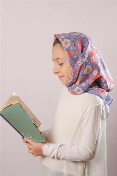 Mor Dijital Baskılı Çocuk Tesettür Eşarp Pamuk Polyester Kelebek Desenli 6003_22 - Resim 3