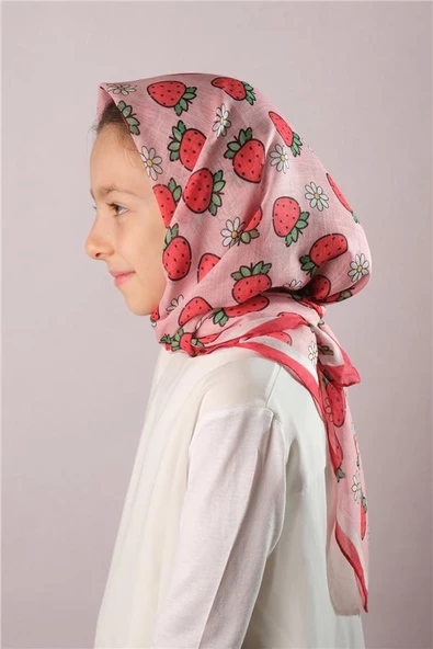 Kırmızı Dijital Baskılı Çocuk Tesettür Eşarp Pamuk Polyester Çilek Desenli 6001_31 - Resim 2