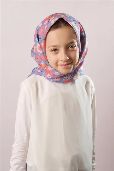 Mor Dijital Baskılı Çocuk Tesettür Eşarp Pamuk Polyester Kelebek Desenli 6003_22 - Resim 2