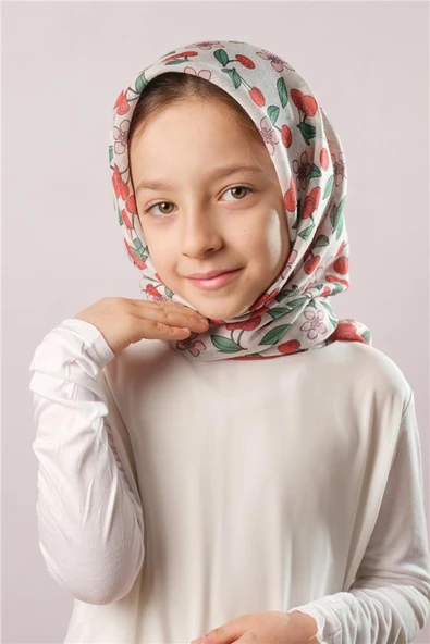Kiremit Dijital Baskılı Çocuk Tesettür Eşarp Pamuk Polyester Vişne Desenli 6001_05 - Resim 2