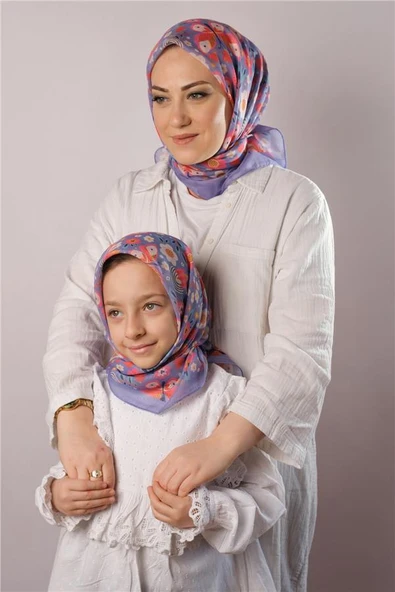 Mor Dijital Baskılı Anne Kız Kombin Tesettür Eşarp Pamuk Polyester Kelebek Desenli 6004_22