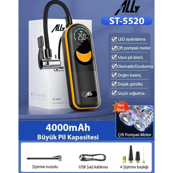 ALLY ST-5520 Dijital Basınç Göstergeli Oto Lastik Şişirme Pompası Hava Kompresörü - 6