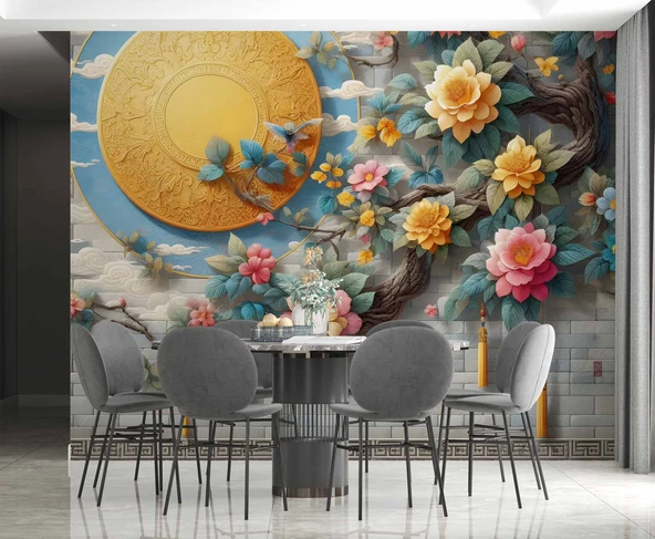 3 Boyutlu Kabartma Çiçek Dekorlu Duvar Kağıdı Baskı - Resim 5