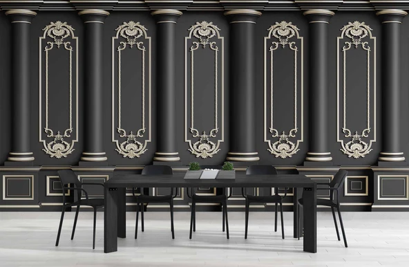 3 Boyutlu Siyah Panel Altın Sütun ve Motif Duvar Kağıdı Baskı - 5