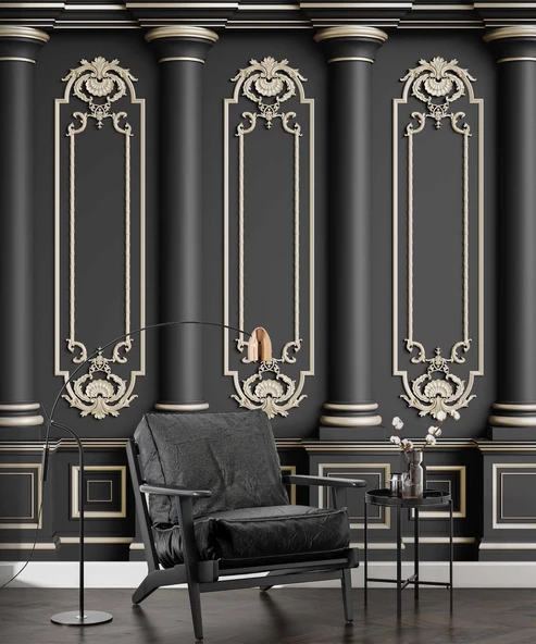 3 Boyutlu Siyah Panel Altın Sütun ve Motif Duvar Kağıdı Baskı - 6