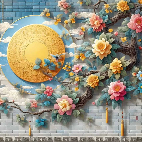 3 Boyutlu Kabartma Çiçek Dekorlu Duvar Kağıdı Baskı - Resim 6