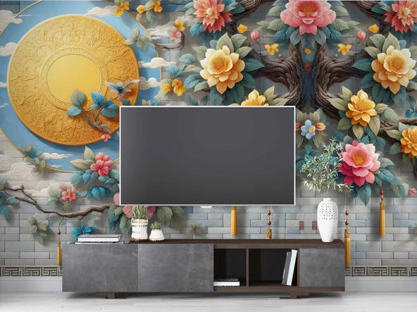 3 Boyutlu Kabartma Çiçek Dekorlu Duvar Kağıdı Baskı - Resim 3