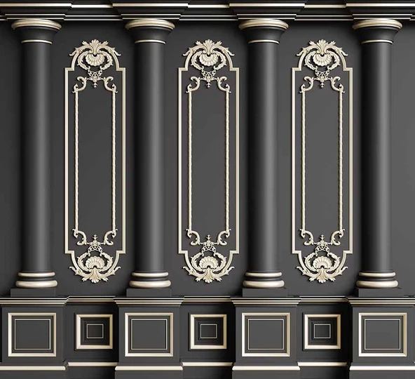 3 Boyutlu Siyah Panel Altın Sütun ve Motif Duvar Kağıdı Baskı - 7