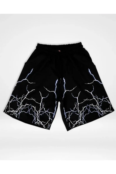 Yıldırım Baskılı Siyah Unisex Şort