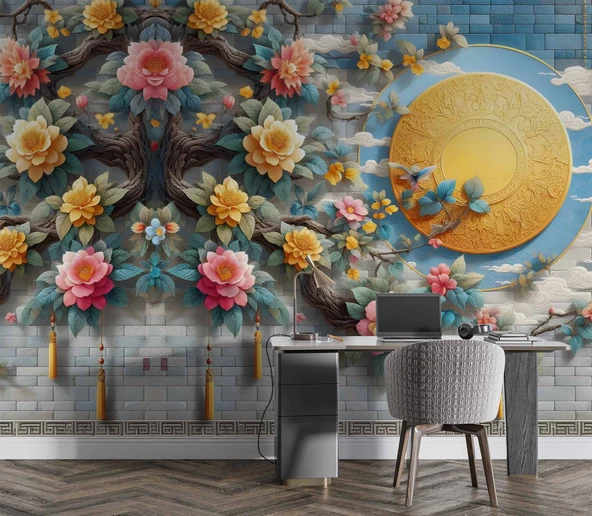 3 Boyutlu Kabartma Çiçek Dekorlu Duvar Kağıdı Baskı - Resim 4