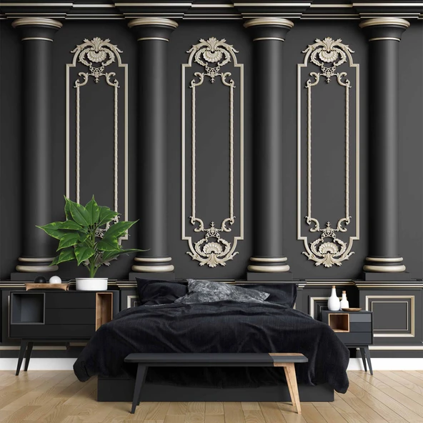 3 Boyutlu Siyah Panel Altın Sütun ve Motif Duvar Kağıdı Baskı - 2