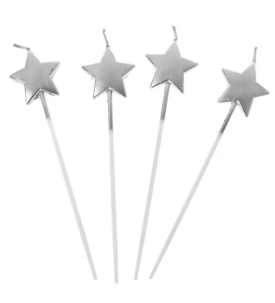 4 Lü Çubuk Yıldız Metalize Gümüş Renk Pasta Mumu ürün görseli 1