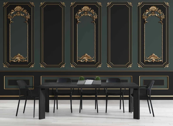 3 Boyutlu Siya ve Yeşil Panel Altın Motif Duvar Kağıdı Baskı - Resim 5