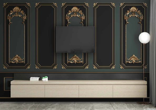3 Boyutlu Siya ve Yeşil Panel Altın Motif Duvar Kağıdı Baskı - Resim 3