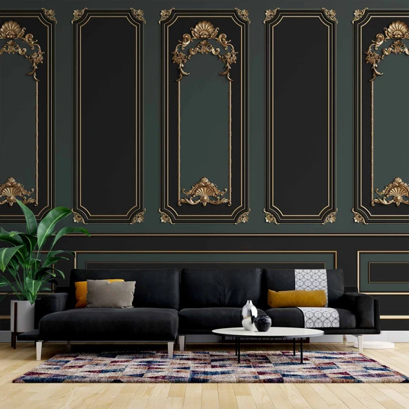 3 Boyutlu Siya ve Yeşil Panel Altın Motif Duvar Kağıdı Baskı
