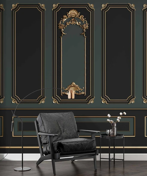 3 Boyutlu Siya ve Yeşil Panel Altın Motif Duvar Kağıdı Baskı - Resim 7