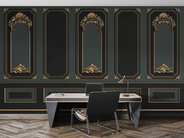 3 Boyutlu Siya ve Yeşil Panel Altın Motif Duvar Kağıdı Baskı - Resim 4