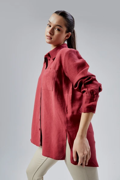 Bordo Yırtmaç Detaylı Oversize Gömlek