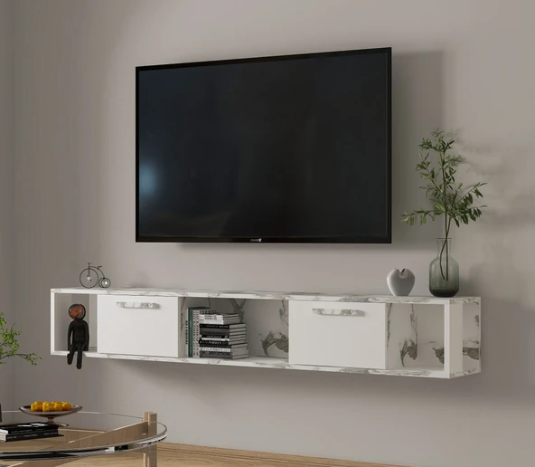 T006 Viero Mermer Desenli Duvara Monte TV Ünitesi – 160 cm, Kapaklı Raflı, Beyaz - 2