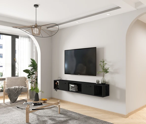 T006 Viero Mermer Desenli Duvara Monte TV Ünitesi – 160 cm, Kapaklı Raflı, Siyah - 6
