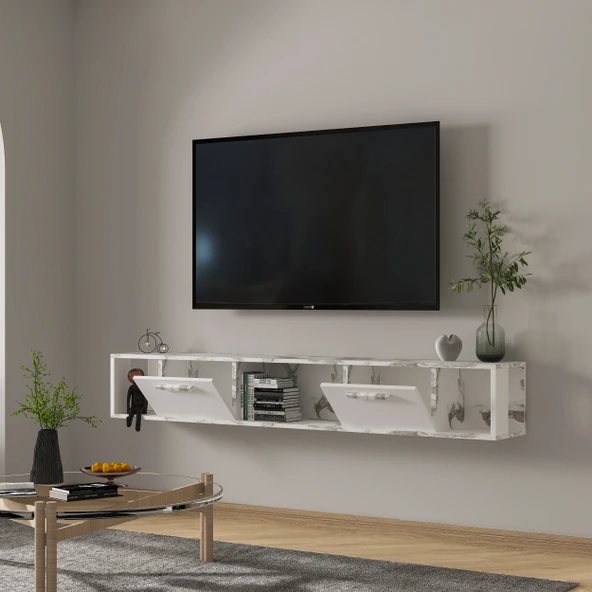 T006 Viero Mermer Desenli Duvara Monte TV Ünitesi – 160 cm, Kapaklı Raflı, Beyaz - 4