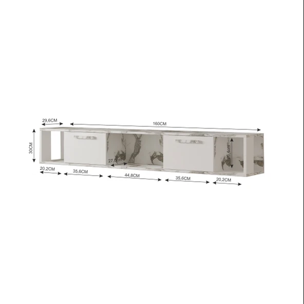 T006 Viero Mermer Desenli Duvara Monte TV Ünitesi – 160 cm, Kapaklı Raflı, Beyaz - 5
