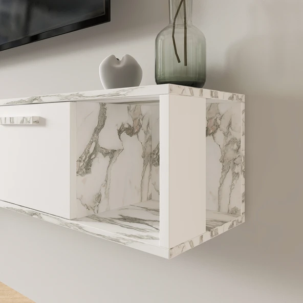 T006 Viero Mermer Desenli Duvara Monte TV Ünitesi – 160 cm, Kapaklı Raflı, Beyaz - 3