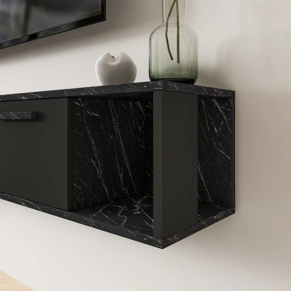 T006 Viero Mermer Desenli Duvara Monte TV Ünitesi – 160 cm, Kapaklı Raflı, Siyah - 3