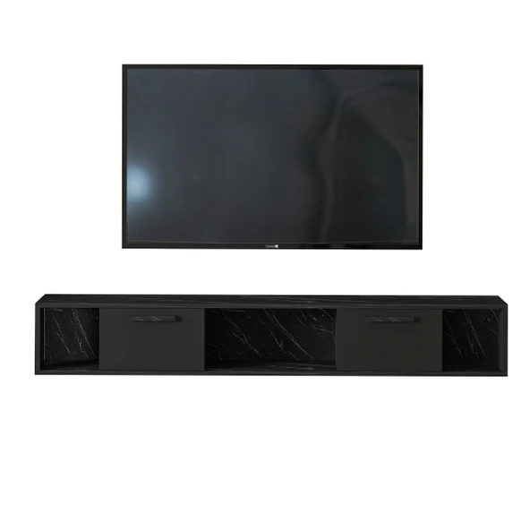 T006 Viero Mermer Desenli Duvara Monte TV Ünitesi – 160 cm, Kapaklı Raflı, Siyah - 7