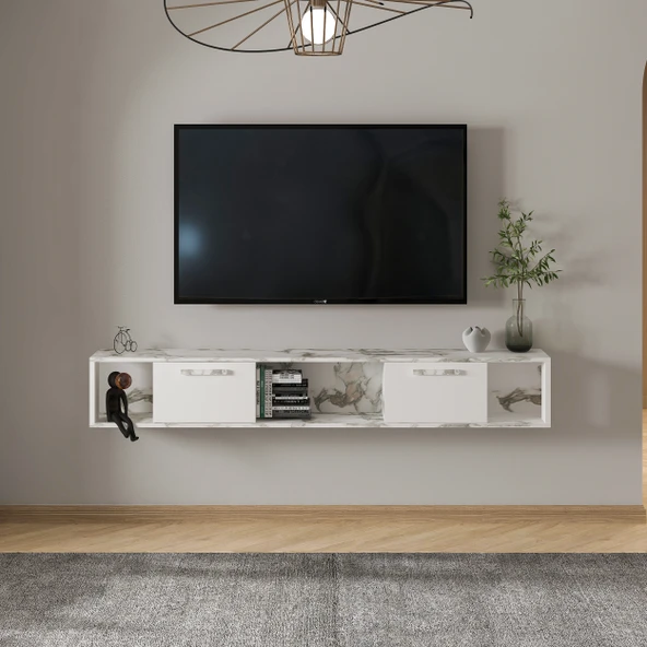T006 Viero Mermer Desenli Duvara Monte TV Ünitesi – 160 cm, Kapaklı Raflı, Beyaz