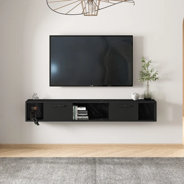 T006 Viero Mermer Desenli Duvara Monte TV Ünitesi – 160 cm, Kapaklı Raflı, Siyah