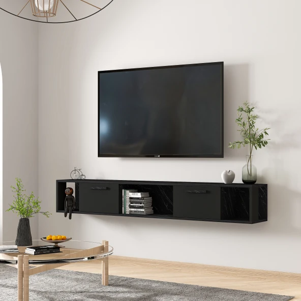 T006 Viero Mermer Desenli Duvara Monte TV Ünitesi – 160 cm, Kapaklı Raflı, Siyah - 2