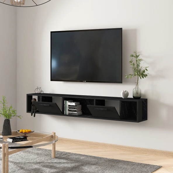 T006 Viero Mermer Desenli Duvara Monte TV Ünitesi – 160 cm, Kapaklı Raflı, Siyah - 4