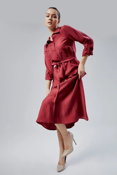 Bordo Regular Fit Kuşak Kemerli Gömlek Elbise