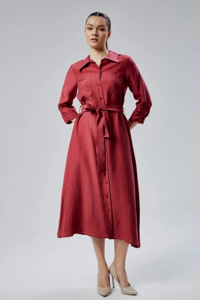 Bordo Regular Fit Kuşak Kemerli Gömlek Elbise - 10