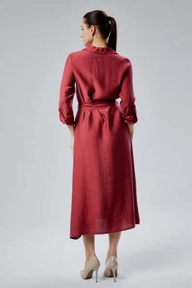 Bordo Regular Fit Kuşak Kemerli Gömlek Elbise - 5
