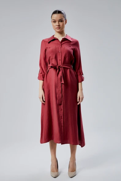 Bordo Regular Fit Kuşak Kemerli Gömlek Elbise - 11