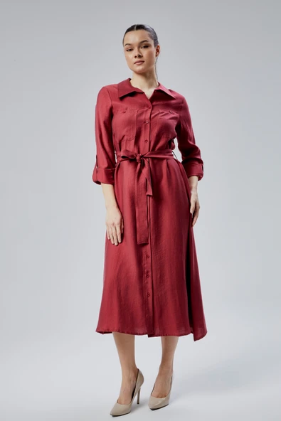 Bordo Regular Fit Kuşak Kemerli Gömlek Elbise - 9