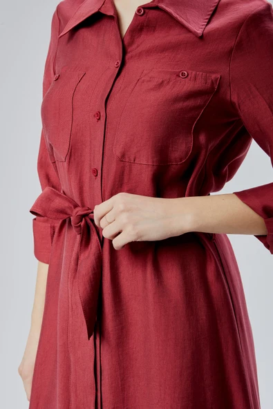 Bordo Regular Fit Kuşak Kemerli Gömlek Elbise - 4