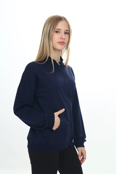 Toontoy Kız Çocuk Dik Yaka Fermuarlı Cepli Nakış Baskılı Örme Hırka - 2 İplik - 10