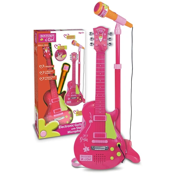 Bontempi Elektronik Rock Gitar Tuşlu Telli Askılı Ayaklı Mikrofon Pembe